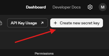 Кнопка Create new secret key на странице API keys