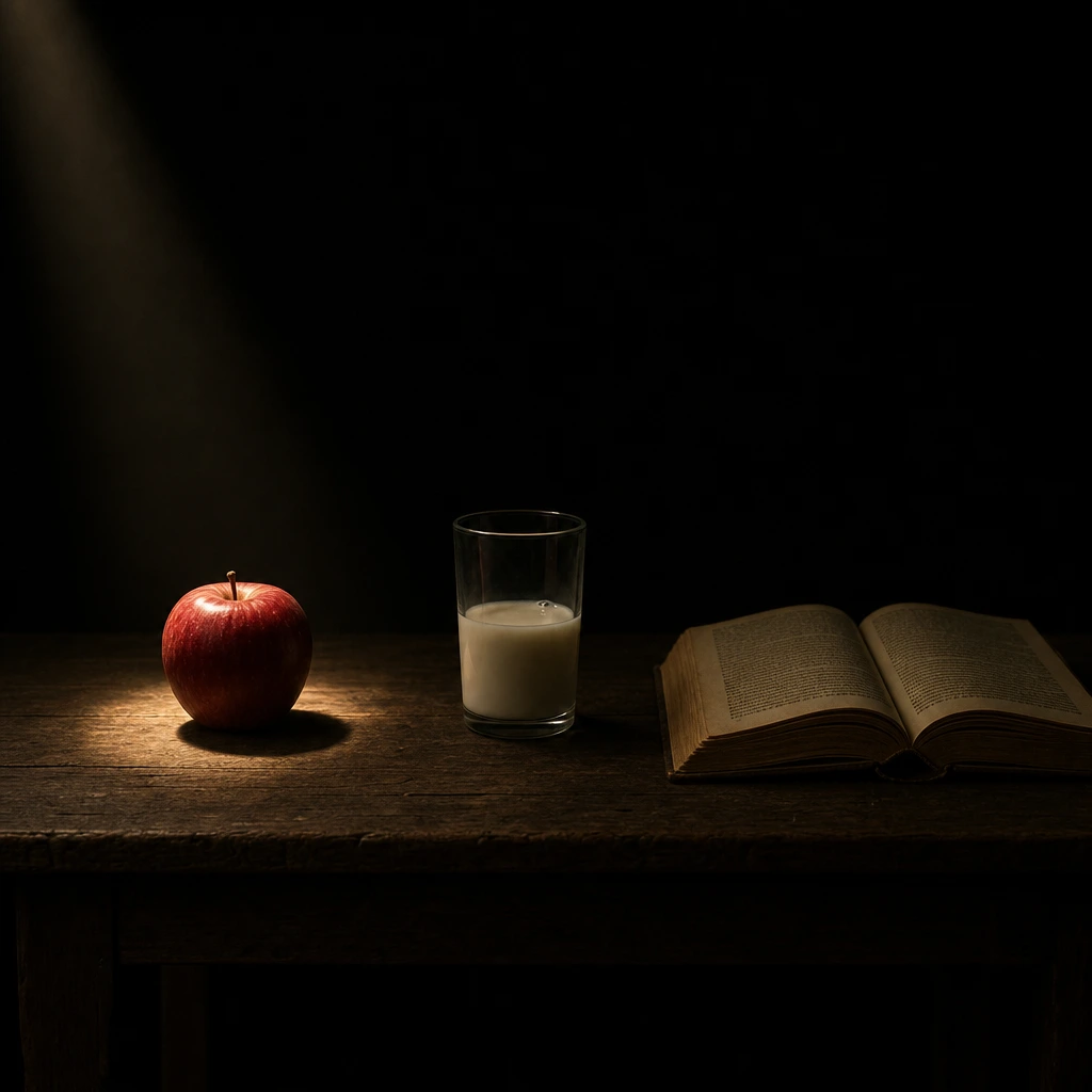 Яблоко, молоко и книга — луч только на яблоко, чёрный фон